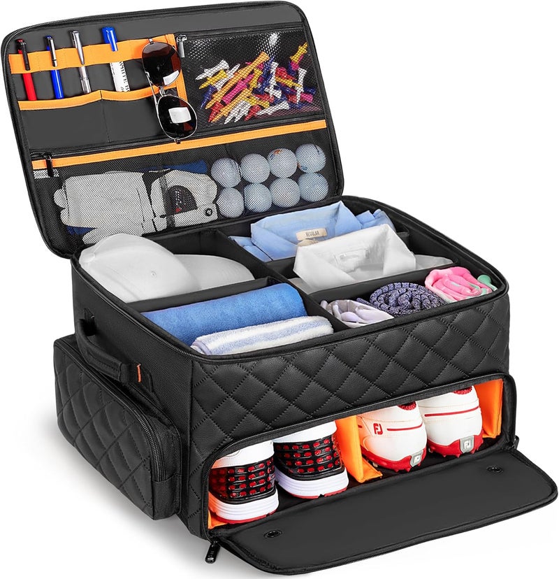 PGmoon 2 Layer Golf Trunk Organizer, Golf Car Storage Organizer with Individual Ventilated Compartment for 2 Pairs Shoes, Golf Car Locker for Balls, Clothes, Tees, Gloves, Accessories - Image 1